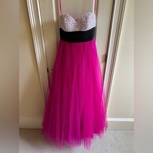 Pink and Black Strapless Jovani Beaded Gown